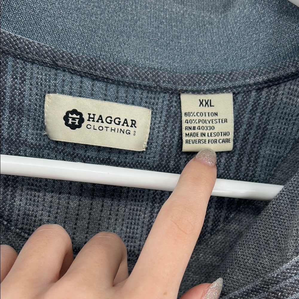 Haggar Blue and Gray long sleeve thick Polo Shirt XXL work office plaid - Picture 4 of 10